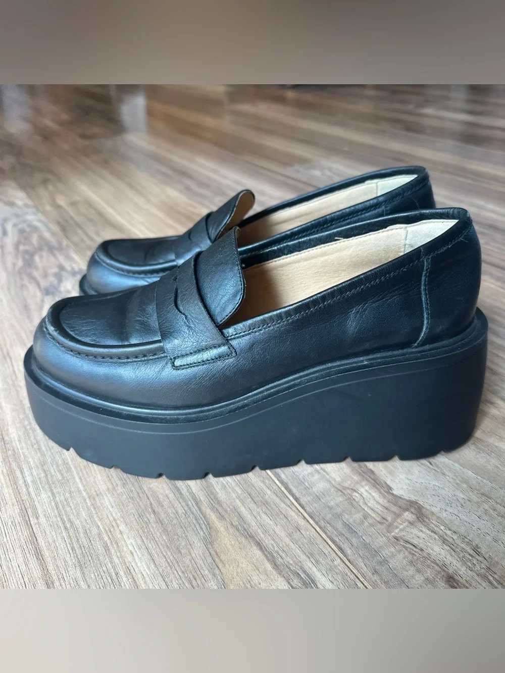 Maeve Anthropologie Black Leather Chunky platform Penny Loafers size 41 Lugged